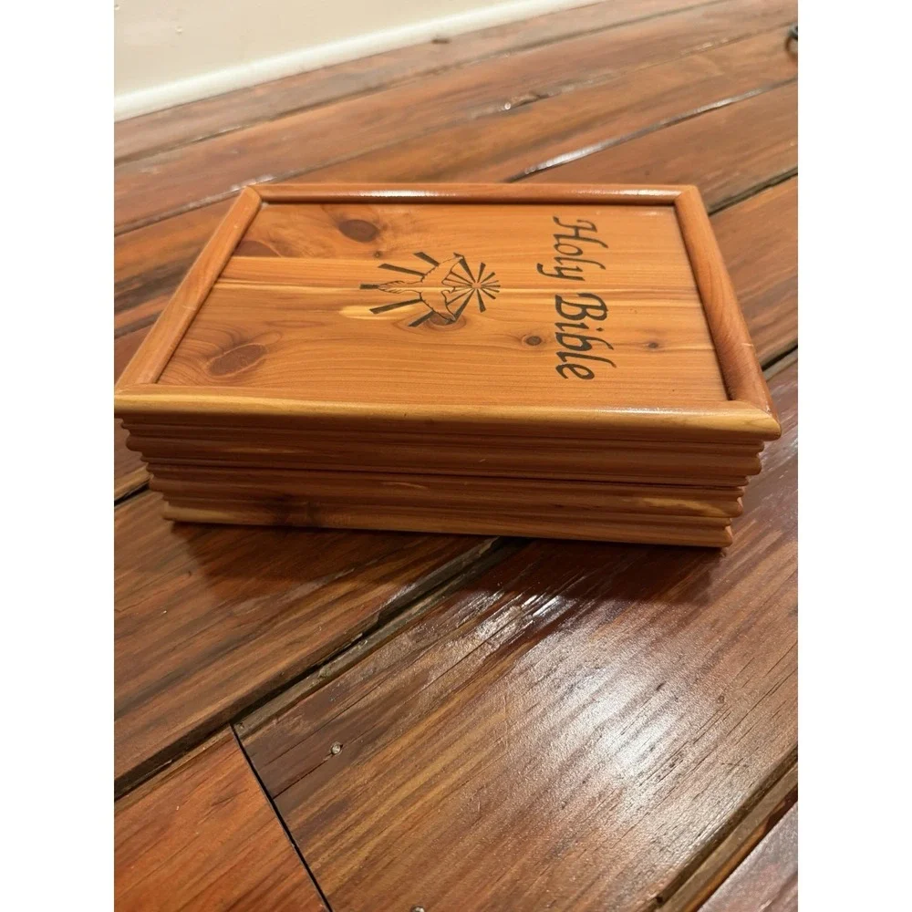 Vintage Cedar Box Wooden Storage Case With Holy Bible Blue Felt Lined Hinged